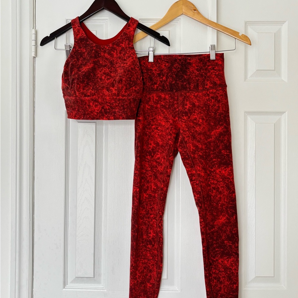 Lululemon Athletica Red Leggings and Sports Bra Top Set